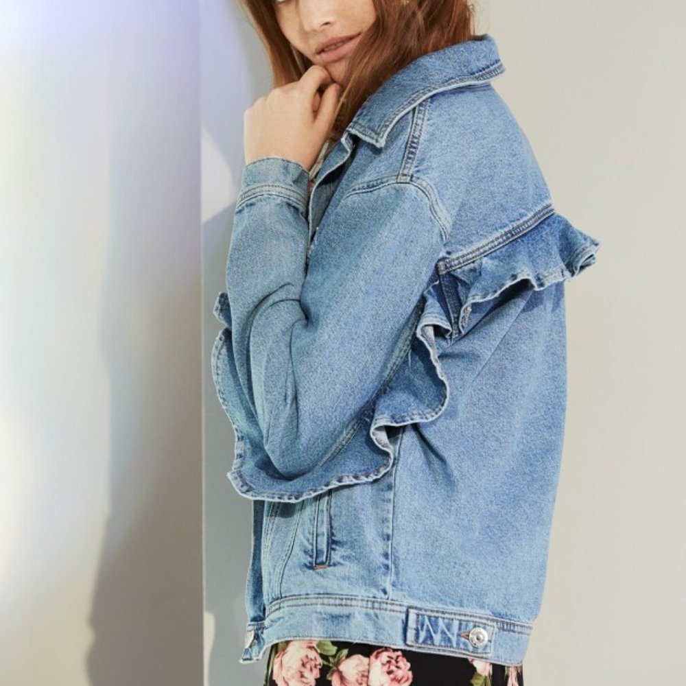 Denim&Co. Oversized Denim Jacket with Ruffle Detail
